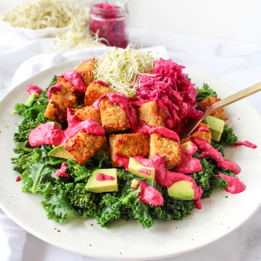Three Greens with Tempeh Gems and Creamy Beetroot Dressing