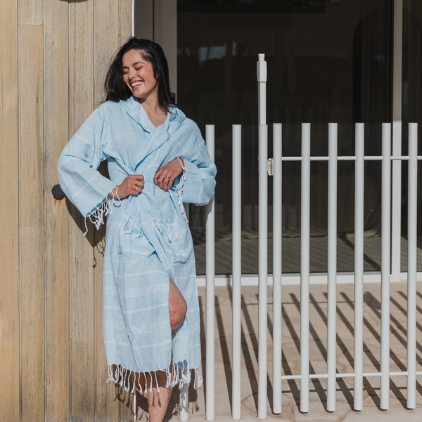 Hooded Cotton Bathrobe - Sky Blue